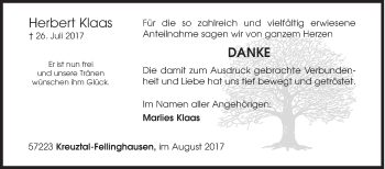 Traueranzeige von Herbert Klaas von Siegener Zeitung