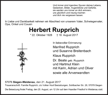 Traueranzeige von Herbert Rupprich von Siegener Zeitung
