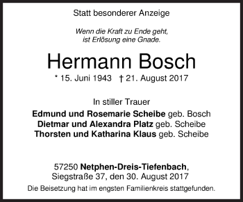 Traueranzeige von Hermann Bosch von Siegener Zeitung
