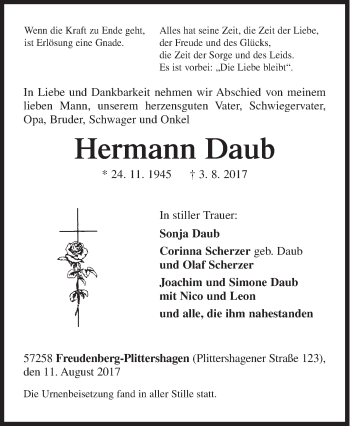 Traueranzeige von Hermann Daub von Siegener Zeitung