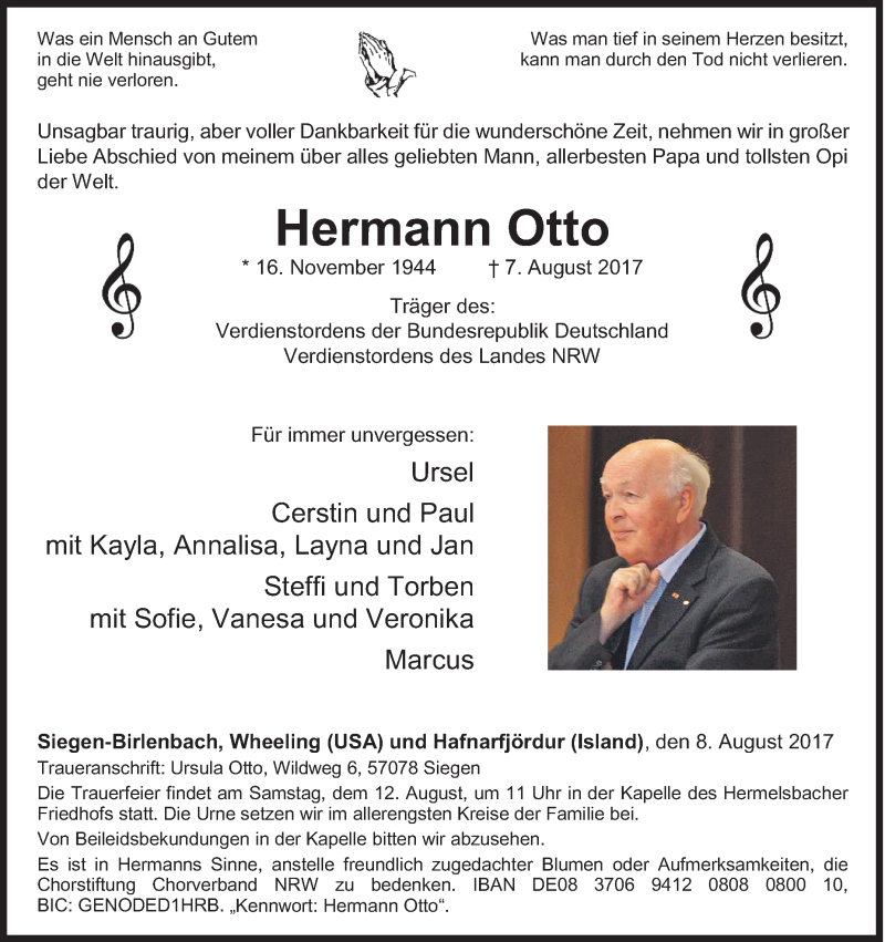  Traueranzeige für Hermann Otto vom 08.08.2017 aus Siegener Zeitung