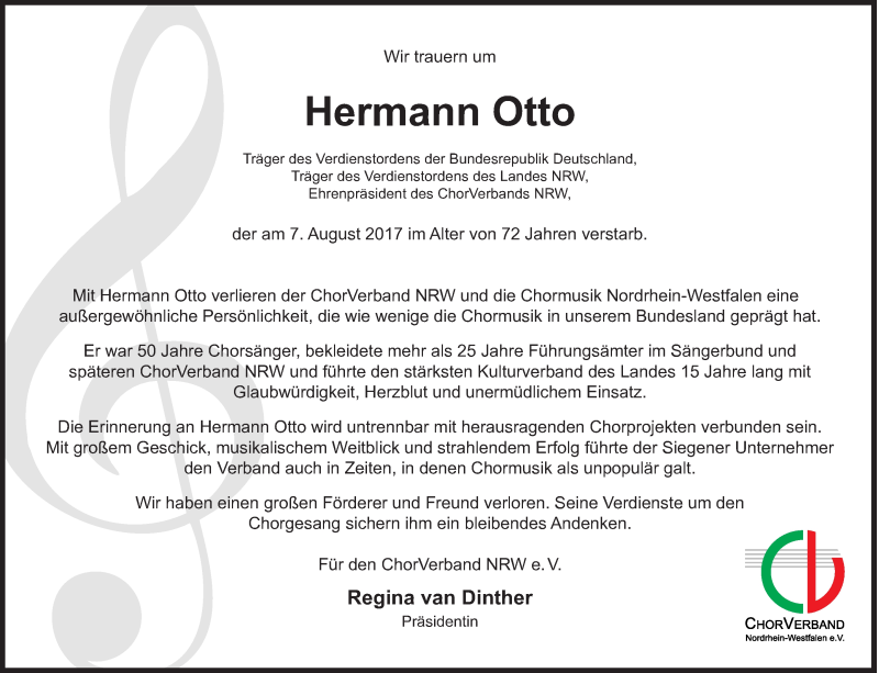  Traueranzeige für Hermann Otto vom 09.08.2017 aus Siegener Zeitung
