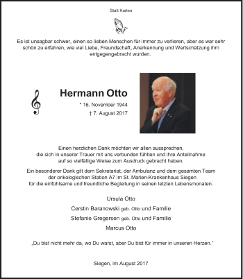 Traueranzeige von Hermann Otto von Siegener Zeitung