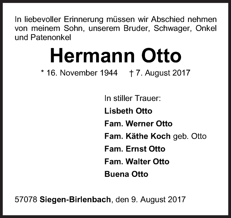  Traueranzeige für Hermann Otto vom 09.08.2017 aus Siegener Zeitung