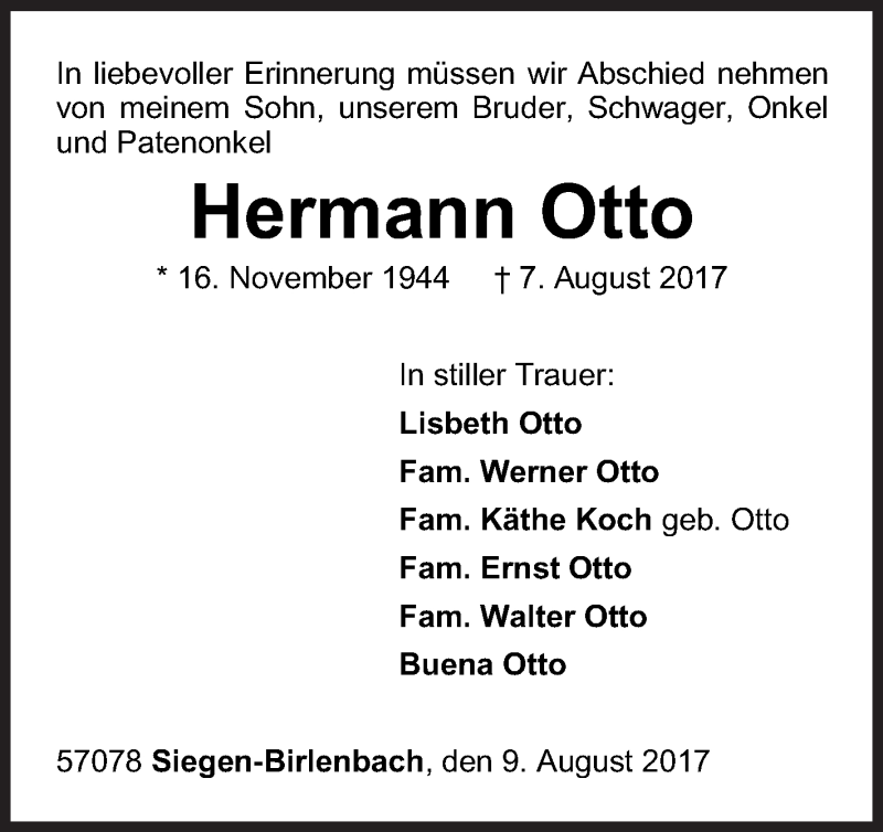 Traueranzeigen von Hermann Otto 57trauer.de