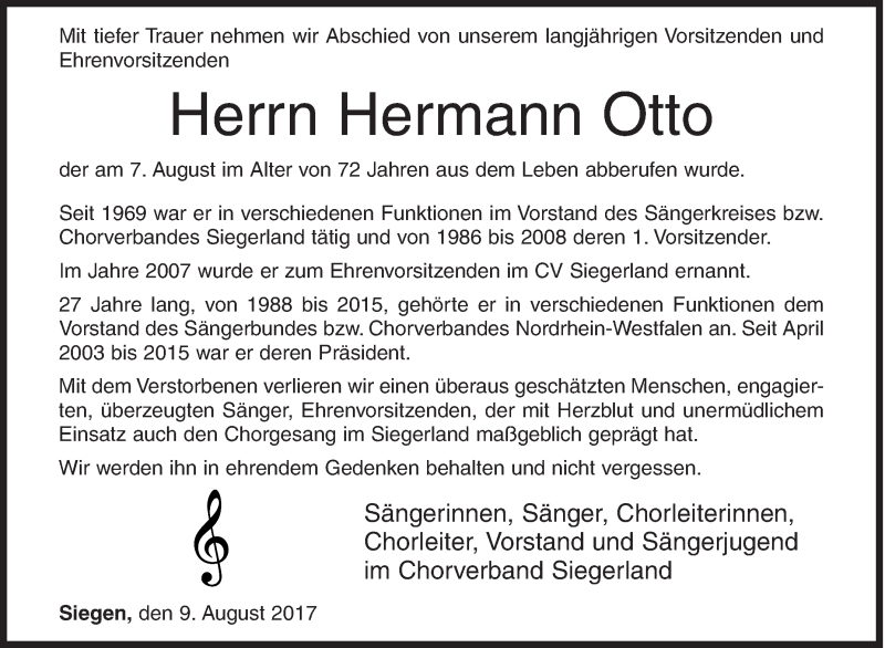  Traueranzeige für Hermann Otto vom 09.08.2017 aus Siegener Zeitung