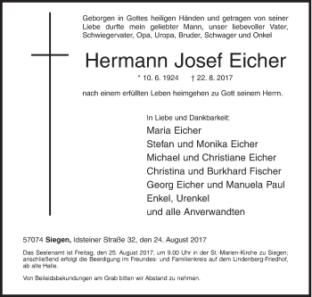 Traueranzeige von Hermann Josef Eicher von Siegener Zeitung
