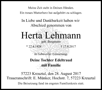 Traueranzeige von Herta Lehmann von Siegener Zeitung