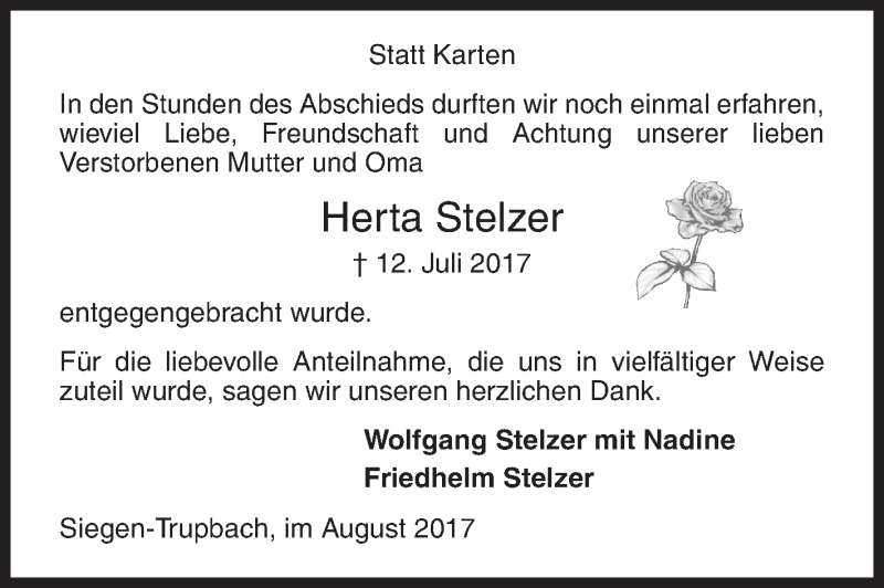  Traueranzeige für Herta Stelzer vom 19.08.2017 aus Siegener Zeitung