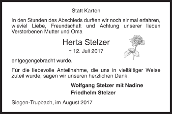 Traueranzeige von Herta Stelzer von Siegener Zeitung