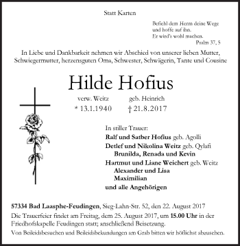 Traueranzeige von Hilde Hofius von Siegener Zeitung