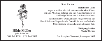 Traueranzeige von Hilde Müller von Siegener Zeitung