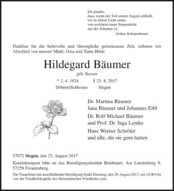 Traueranzeige von Hildegard Bäumer von Siegener Zeitung