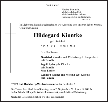 Traueranzeige von Hildegard Kiontke von Siegener Zeitung