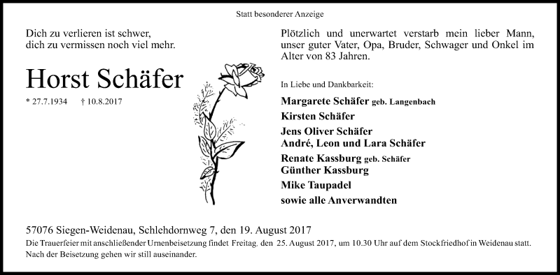  Traueranzeige für Horst Schäfer vom 19.08.2017 aus Siegener Zeitung