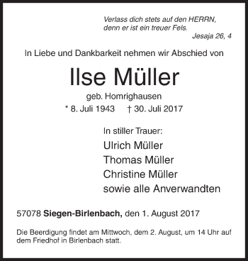 Traueranzeige von Ilse Müller von Siegener Zeitung