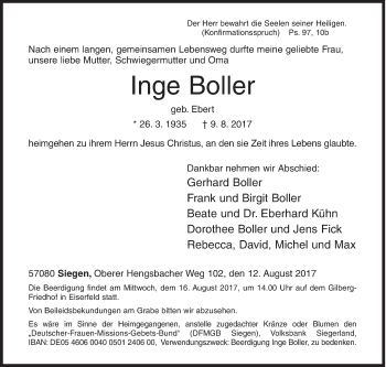 Traueranzeige von Inge Boller von Siegener Zeitung