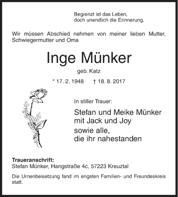 Traueranzeige von Inge Münker von Siegener Zeitung