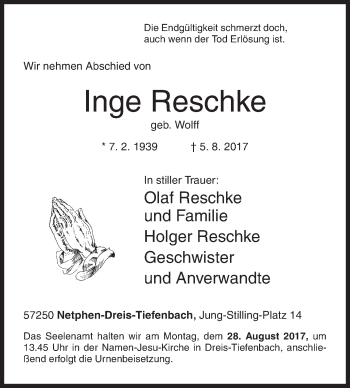 Traueranzeige von Inge Reschke von Siegener Zeitung