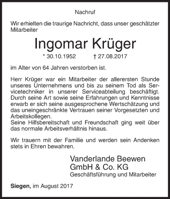 Traueranzeige von Ingomar Krüger von Siegener Zeitung