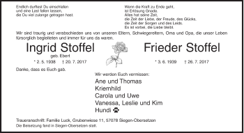 Traueranzeige von Ingrid und Frieder Stoffel von Siegener Zeitung