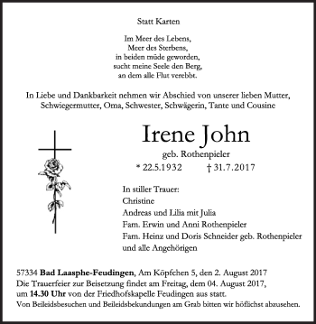 Traueranzeige von Irene John von Siegener Zeitung