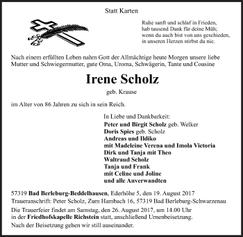 Traueranzeige von Irene Scholz von Siegener Zeitung