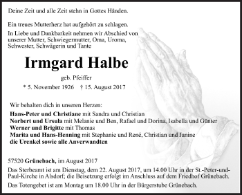 Traueranzeige von Irmgard Halbe von Siegener Zeitung