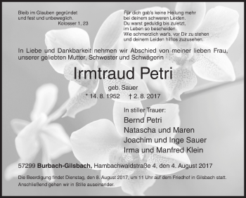 Traueranzeige von Irmtraud Petri von Siegener Zeitung