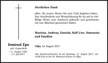 Traueranzeige von Irmtrud Epe von Siegener Zeitung