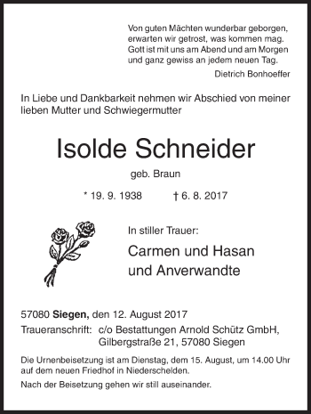 Traueranzeige von Isolde Schneider von Siegener Zeitung