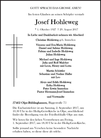 Traueranzeige von Josef Hohleweg von Siegener Zeitung