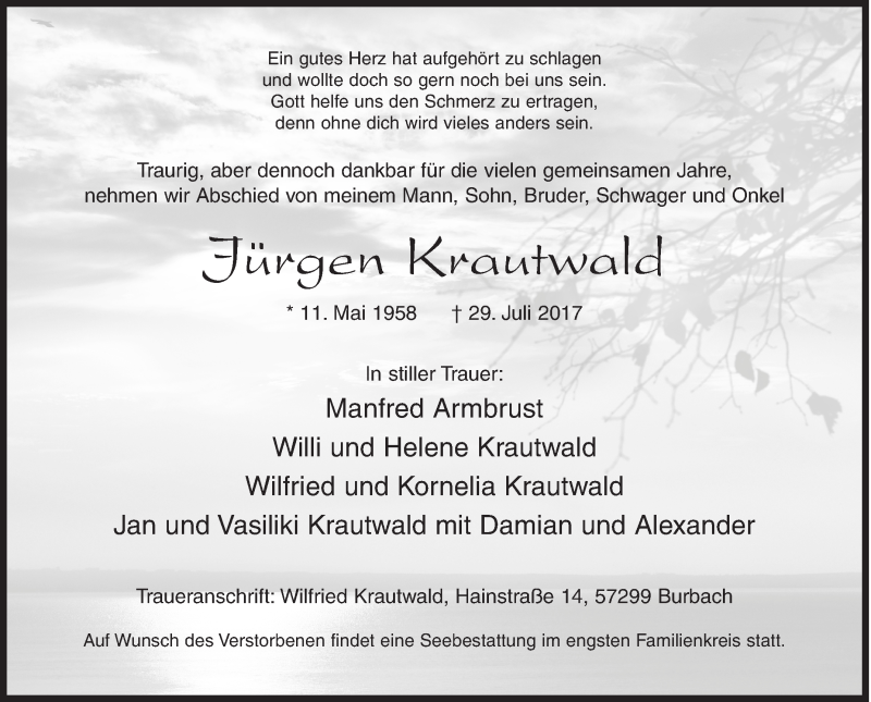  Traueranzeige für Jürgen Krautwald vom 01.08.2017 aus Siegener Zeitung