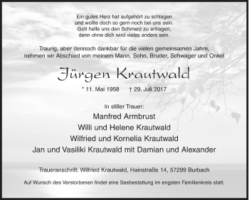 Traueranzeige von Jürgen Krautwald von Siegener Zeitung