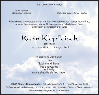 Traueranzeige von Karin Klopfleisch von Siegener Zeitung