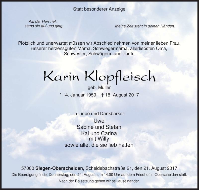  Traueranzeige für Karin Klopfleisch vom 21.08.2017 aus Siegener Zeitung