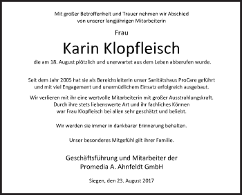 Traueranzeige von Karin Klopfleisch von Siegener Zeitung