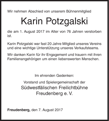 Traueranzeige von Karin Potzgalski von Siegener Zeitung