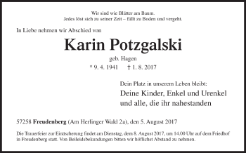 Traueranzeige von Karin Potzgalski von Siegener Zeitung