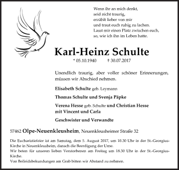 Traueranzeige von Karl-Heinz Schulte von Siegener Zeitung
