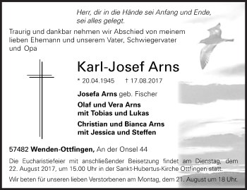 Traueranzeige von Karl-Josef Arns von Siegener Zeitung