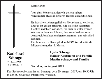 Traueranzeige von Karl-Josef Schrage von Siegener Zeitung