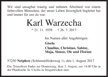 Traueranzeige von Karl Warzecha von Siegener Zeitung