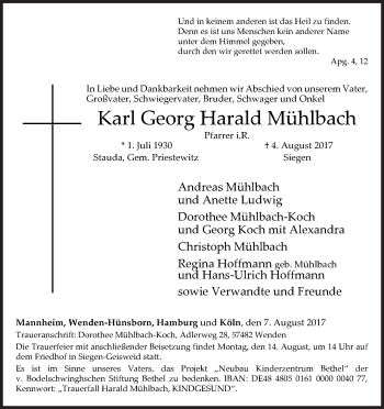 Traueranzeige von Karl Georg Harald Mühlbach von Siegener Zeitung