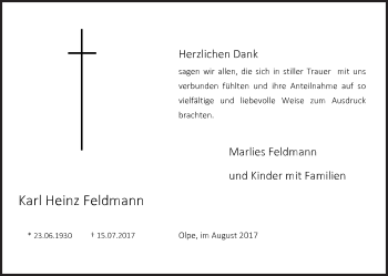 Traueranzeige von Karl Heinz Feldmann von Siegener Zeitung