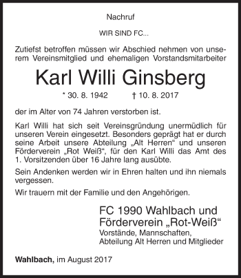 Traueranzeige von Karl Willi Ginsberg von Siegener Zeitung