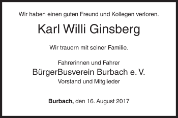 Traueranzeige von Karl Willi Ginsberg von Siegener Zeitung