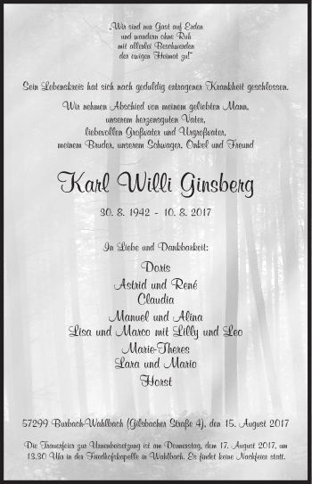 Traueranzeige von Karl Willi Ginsberg von Siegener Zeitung