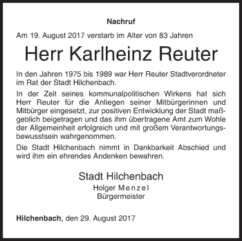 Traueranzeige von Karlheinz Reuter von Siegener Zeitung