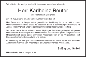 Traueranzeige von Karlheinz Reuter von Siegener Zeitung